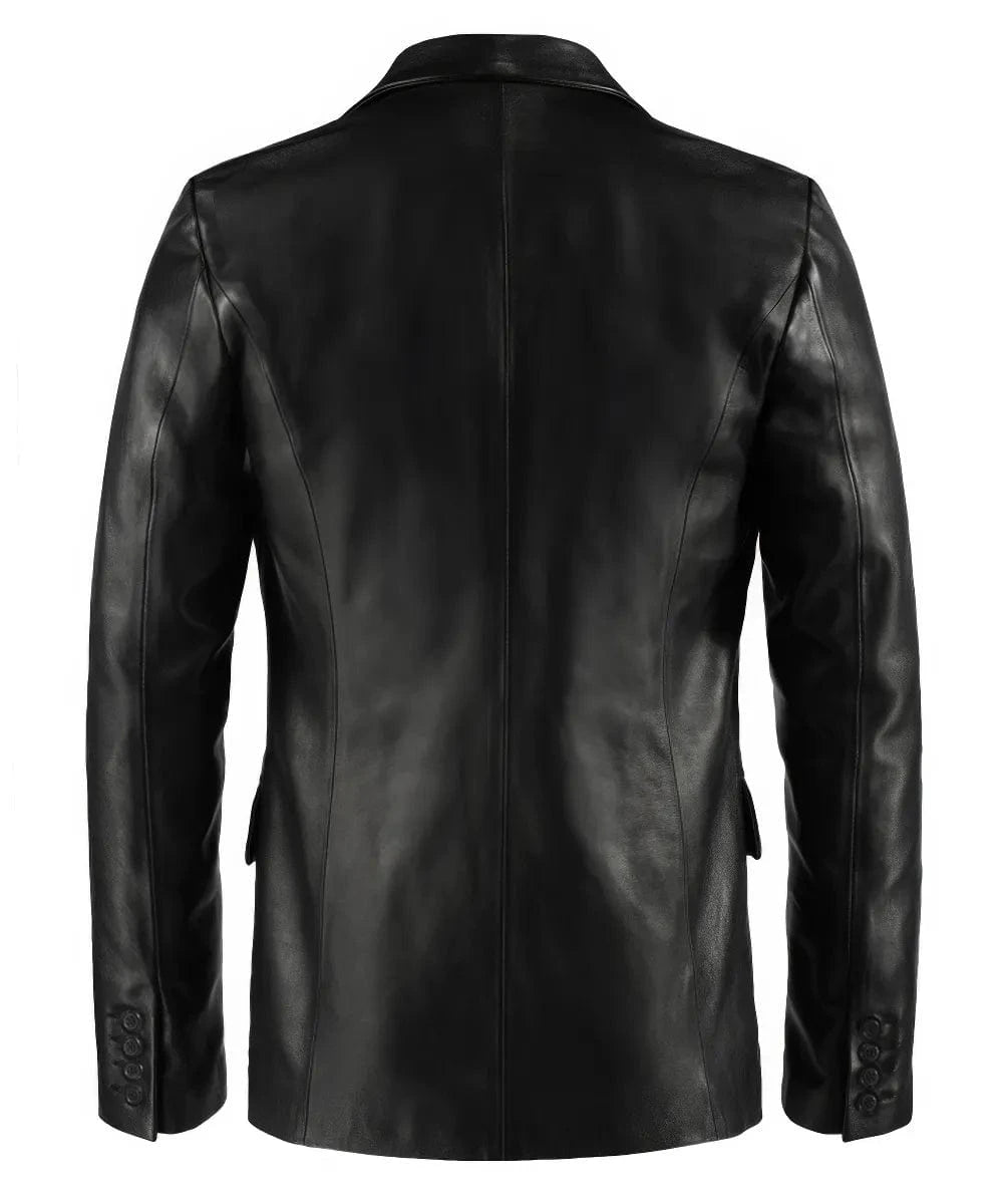 Back view of black leather blazer with tailored fit and clean rear seam detailing