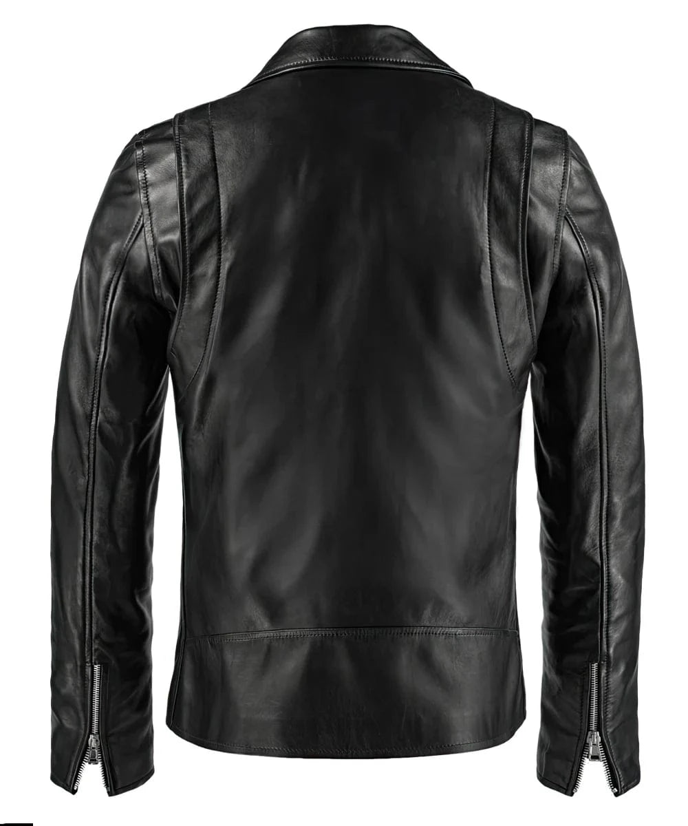 Back view of Ghost Rider replica black leather biker jacket with clean rear panel detailing and zip cuff accents