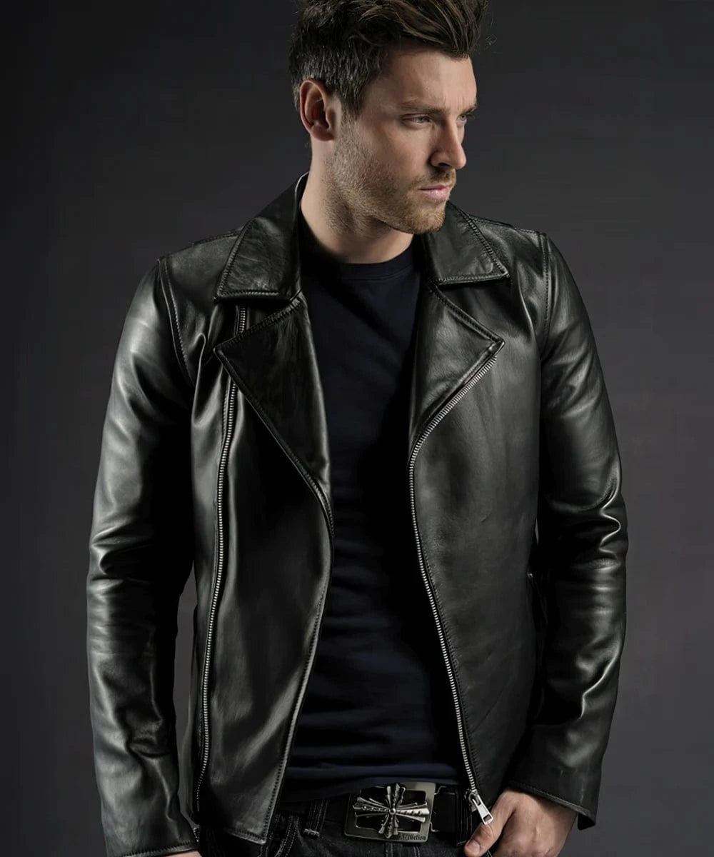 Model wearing Ghost Rider replica black leather biker jacket with asymmetrical zip front and vintage moto styling