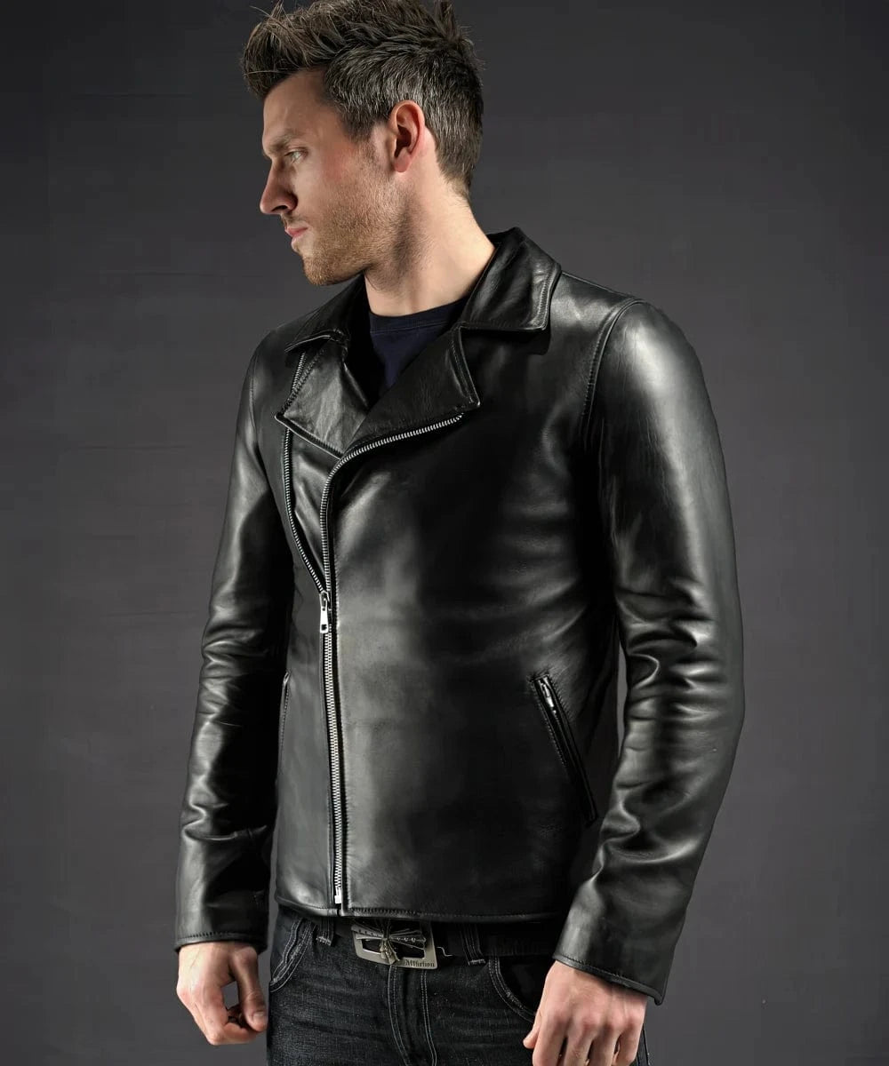 Model wearing Ghost Rider replica black leather biker jacket with asymmetrical zip front and side profile styling