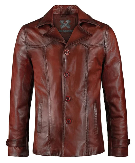 Vintage slim fit antique red leather jacket with retro lapel styling and tailored button front design