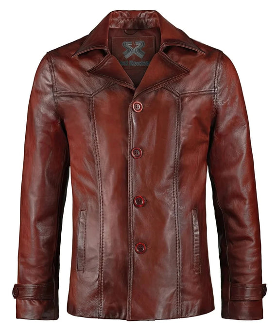 Vintage slim fit antique red leather jacket with retro lapel styling and tailored button front design