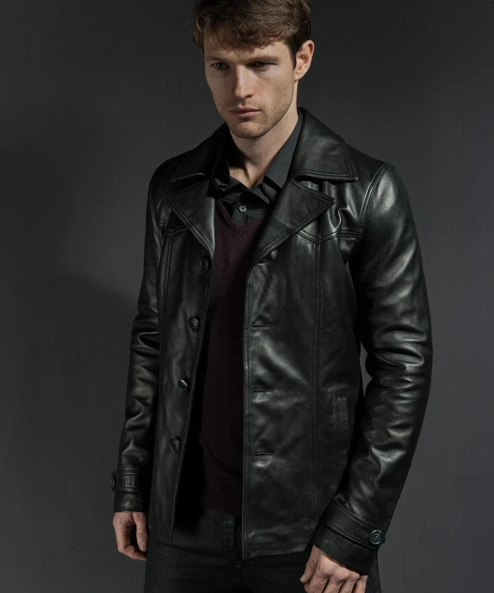 Model wearing vintage slim fit black leather jacket with button front styling and retro lapel detail