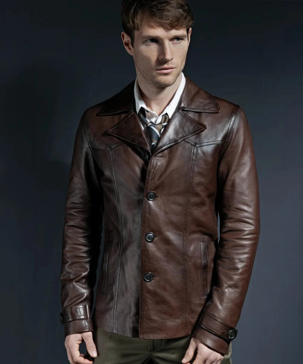 Model wearing vintage slim fit brown leather jacket with retro lapel styling and tailored leather silhouette