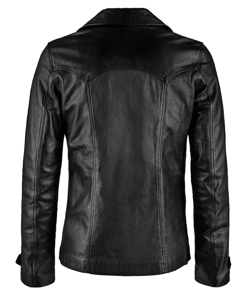 Back view of vintage slim fit black leather jacket with western yoke seam detailing and tailored rear silhouette