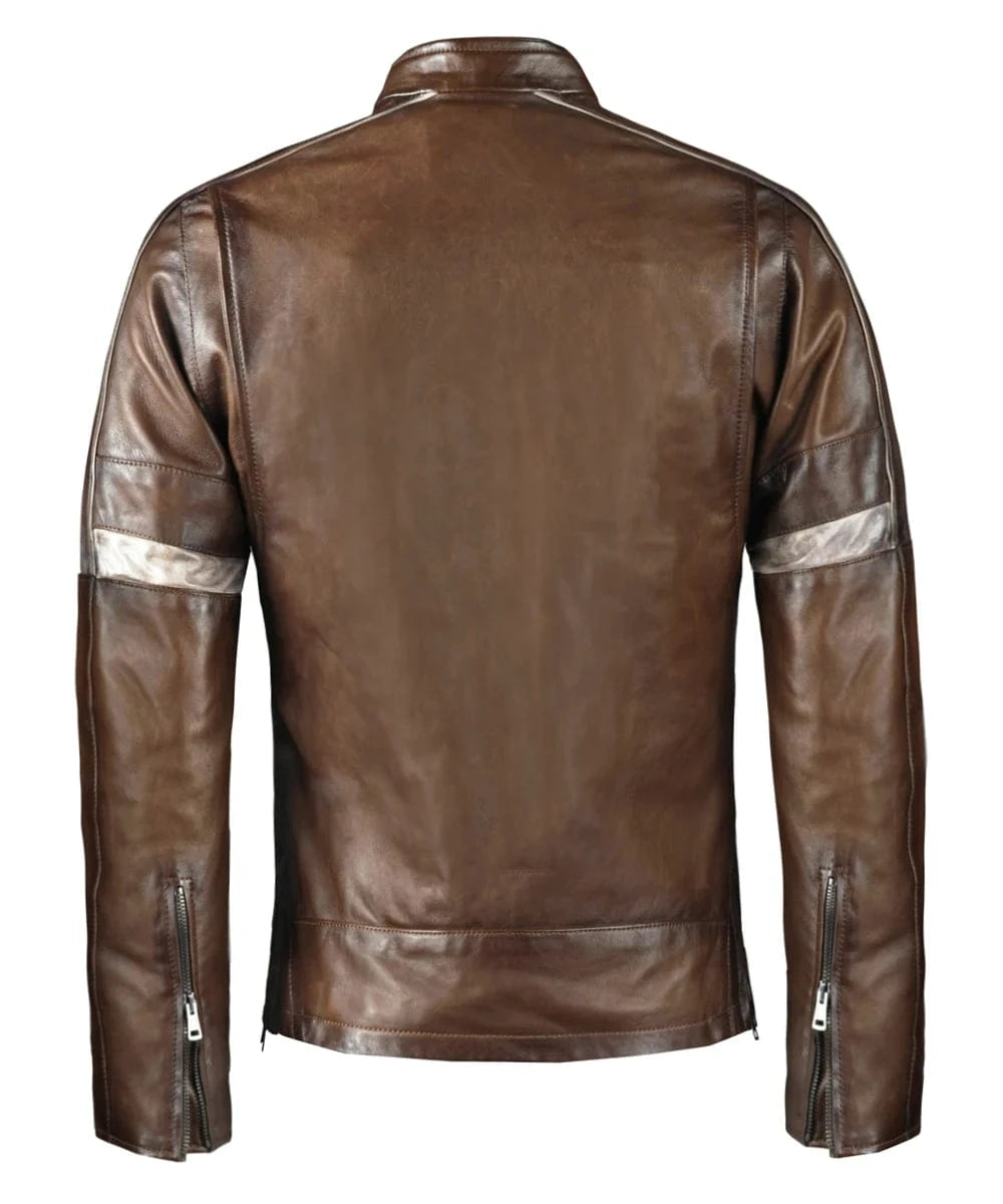 Back view of War of the Worlds brown leather cafe racer jacket with vintage stripe detailing and zip cuff accents