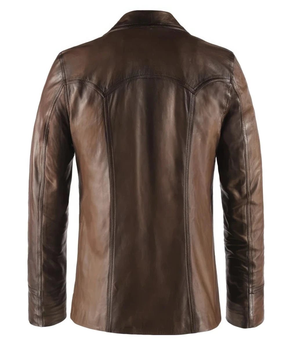 Back view of vintage slim fit brown leather jacket with western yoke seam detailing and clean rear silhouette