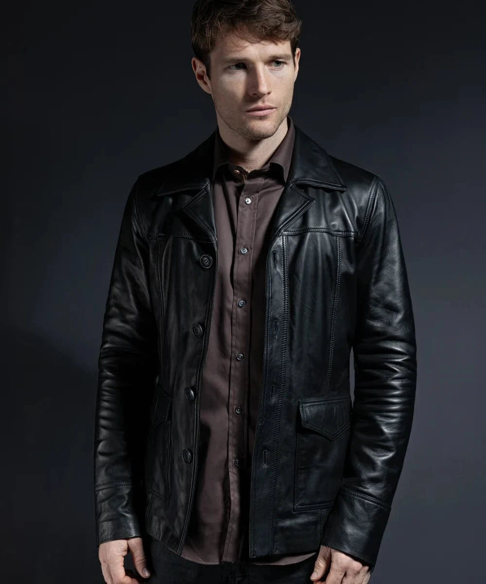 Model wearing vintage slim fit black leather jacket with retro button front styling and classic 70s inspired lapels