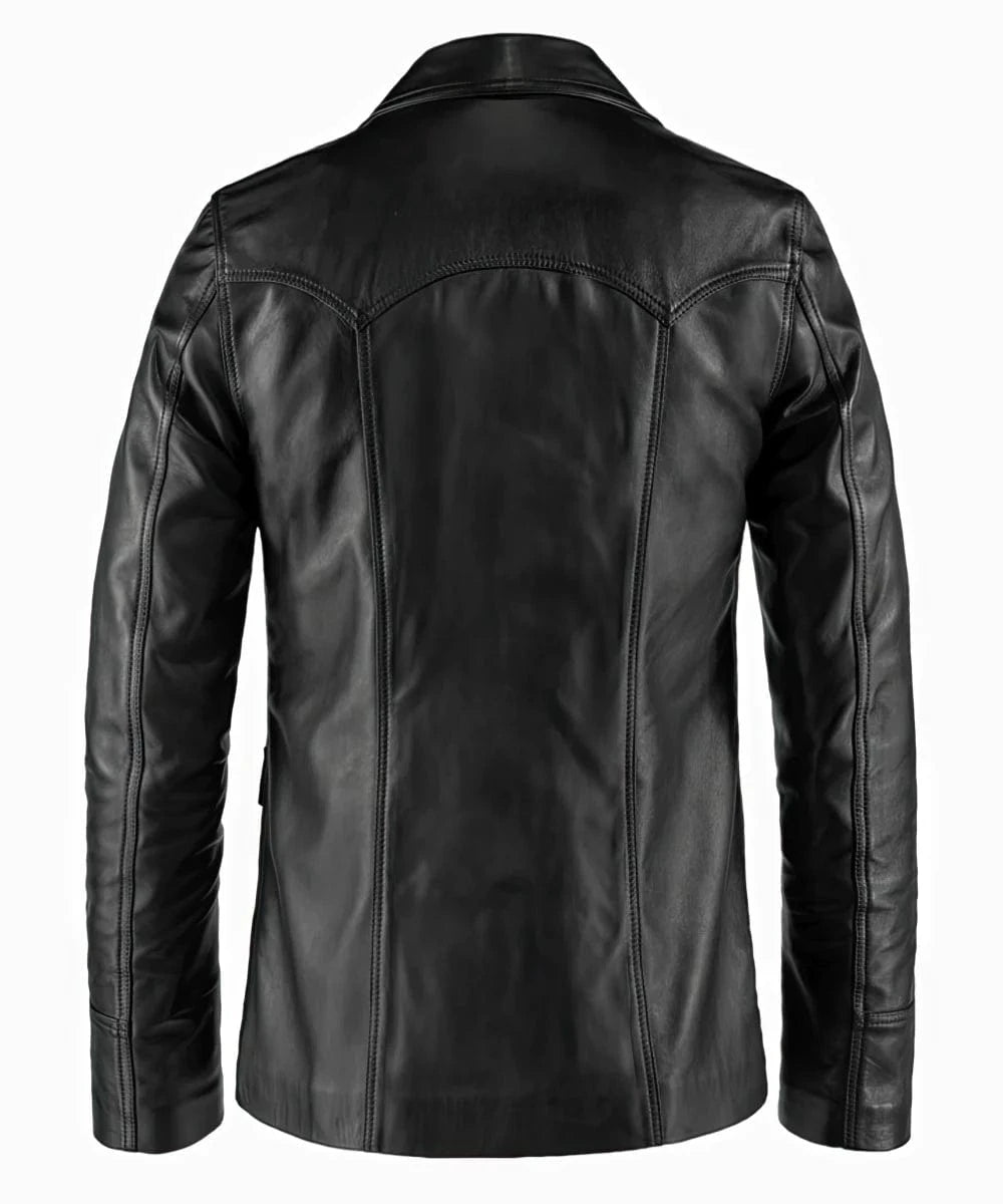 Back view of vintage slim fit black leather jacket with western yoke seam detailing and clean rear silhouette