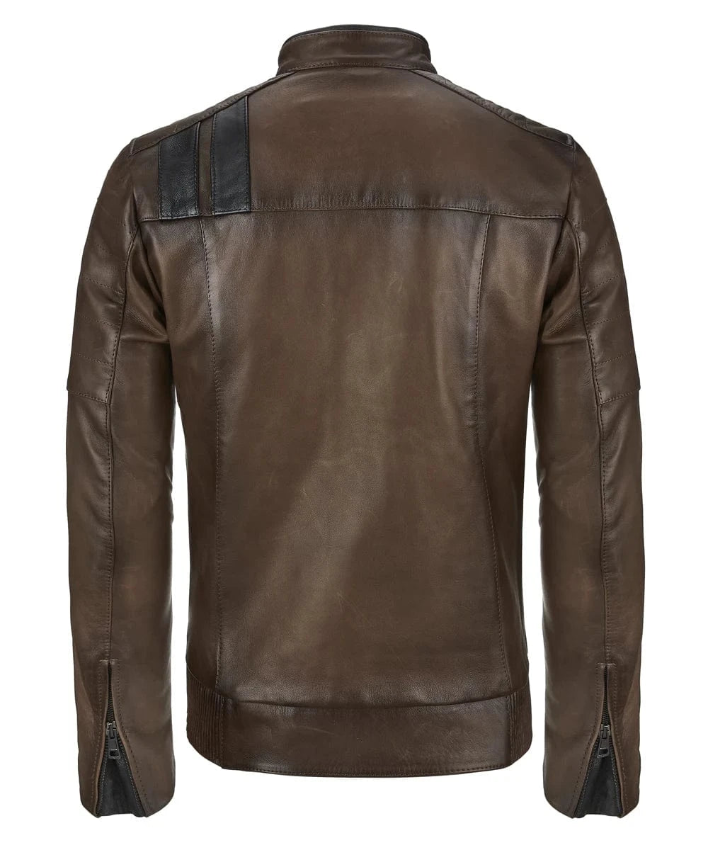 Back view of vintage slim fit brown leather cafe racer jacket with biker inspired shoulder stripe detailing and zip cuff accents