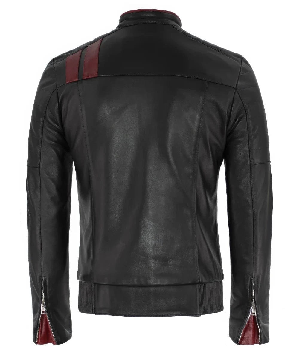 Back view of vintage slim fit black leather cafe racer jacket with red stripe detailing and quilted shoulder panels