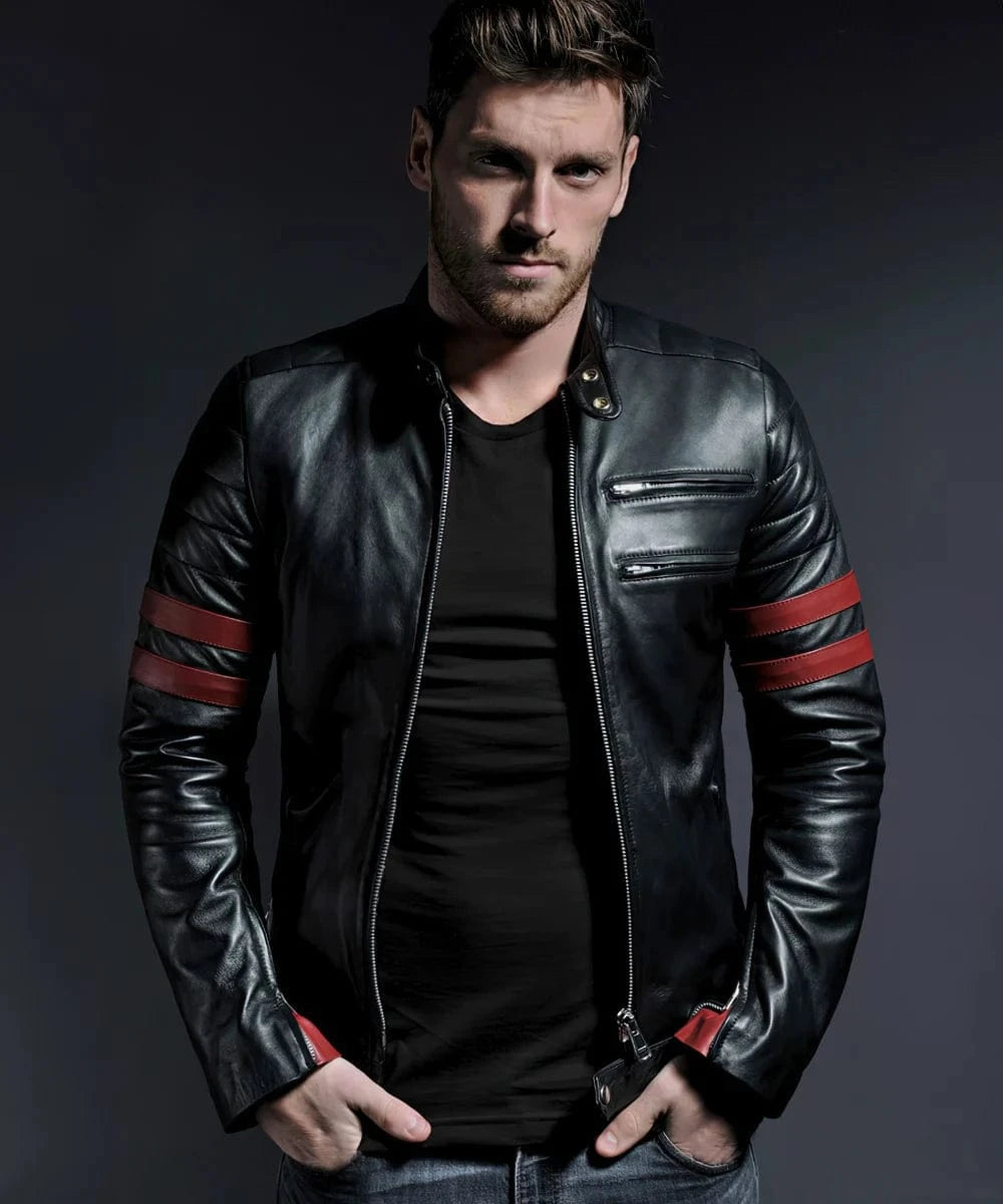 Model wearing vintage slim fit black leather cafe racer jacket with red stripe detailing and zip chest pocket accents