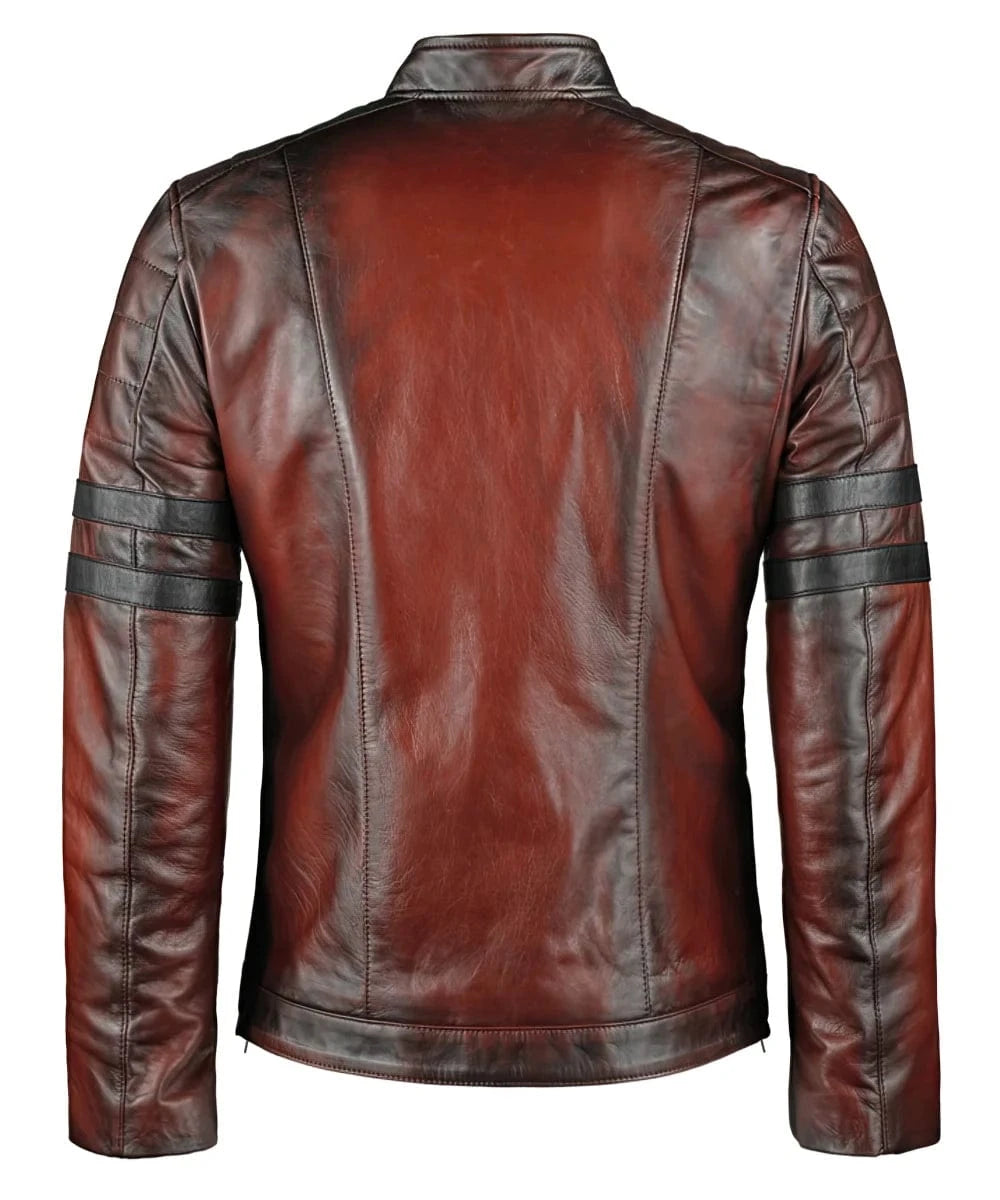 Back view of vintage slim fit antique red leather cafe racer jacket with biker inspired stripe detailing and clean rear silhouette