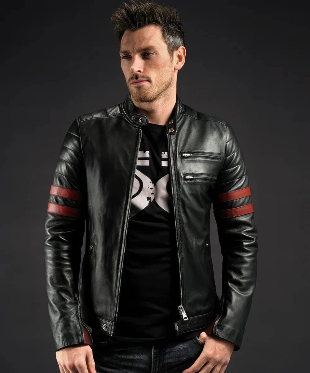 Model wearing vintage slim fit black leather cafe racer jacket with red stripe detailing and biker inspired styling