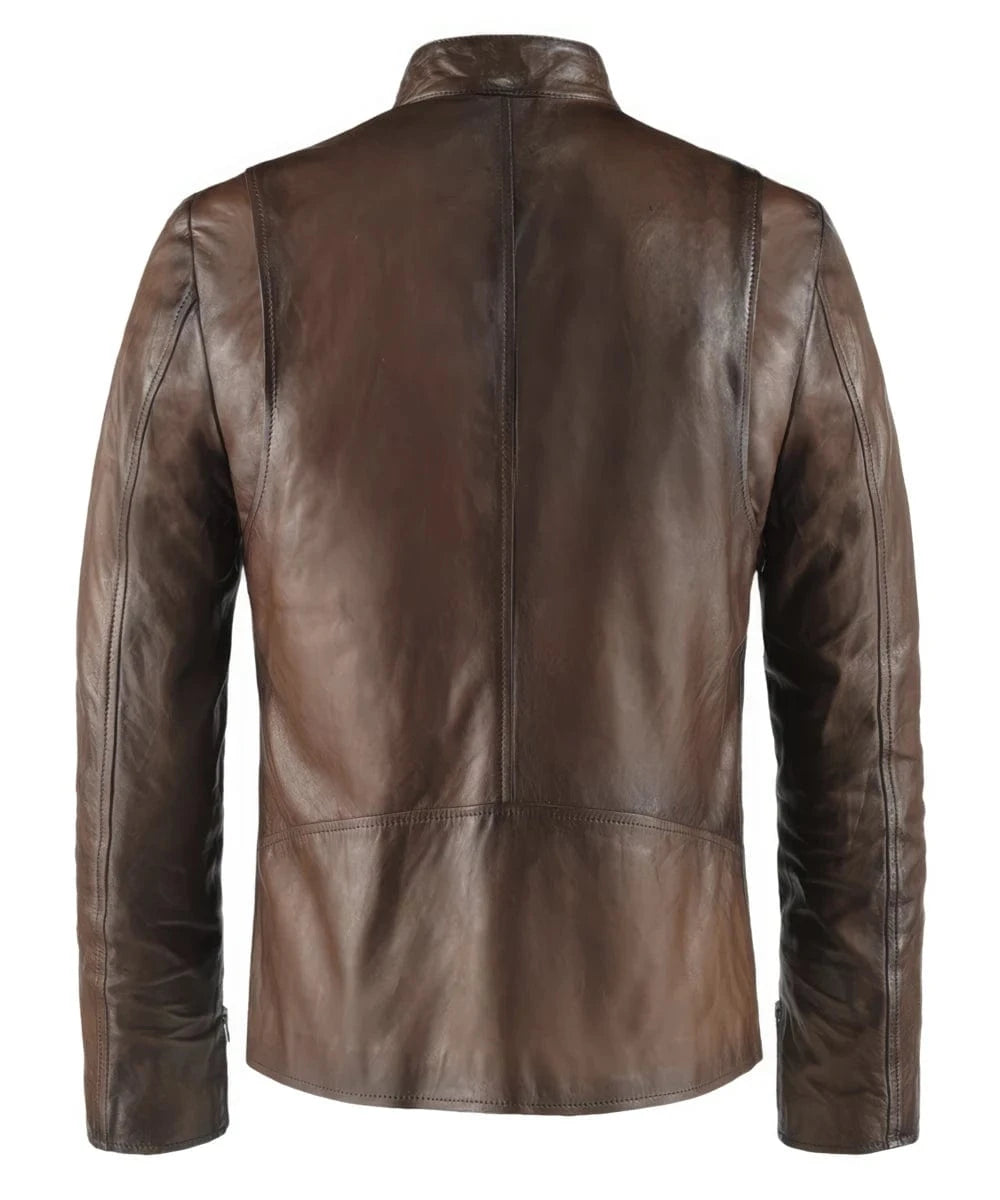 Back view of Iron Man movie replica brown leather jacket with slim fit cafe racer styling and clean rear silhouette