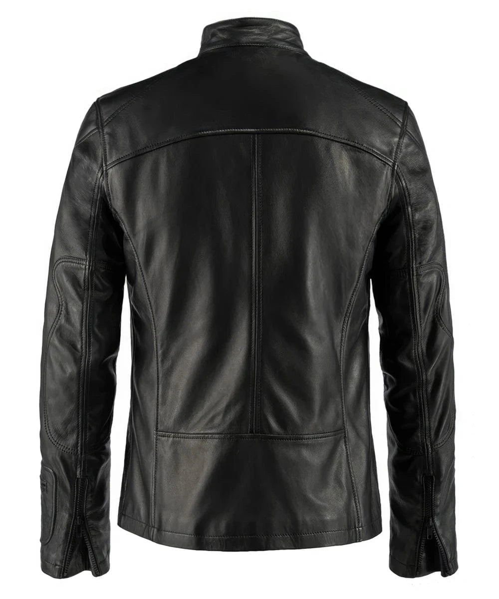 Rear view of the black leather Kirk movie replica jacket featuring a slim fit silhouette, band collar, curved shoulder yoke seam, fitted waist shaping, elbow panel detailing, and zip cuffs with clean sci-fi inspired styling.