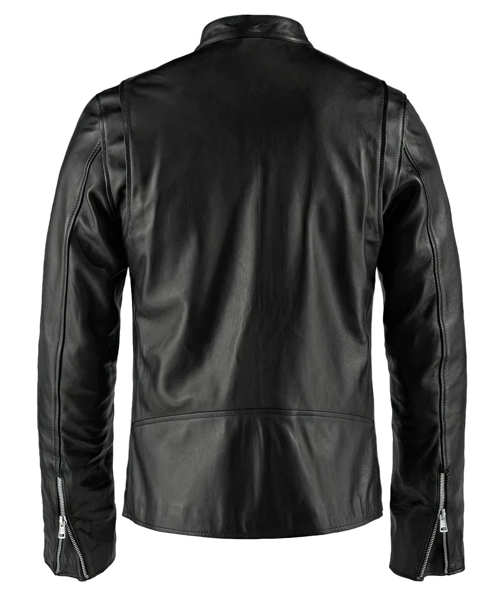 Back view of black cafe racer leather jacket with zip cuffs and tailored fit