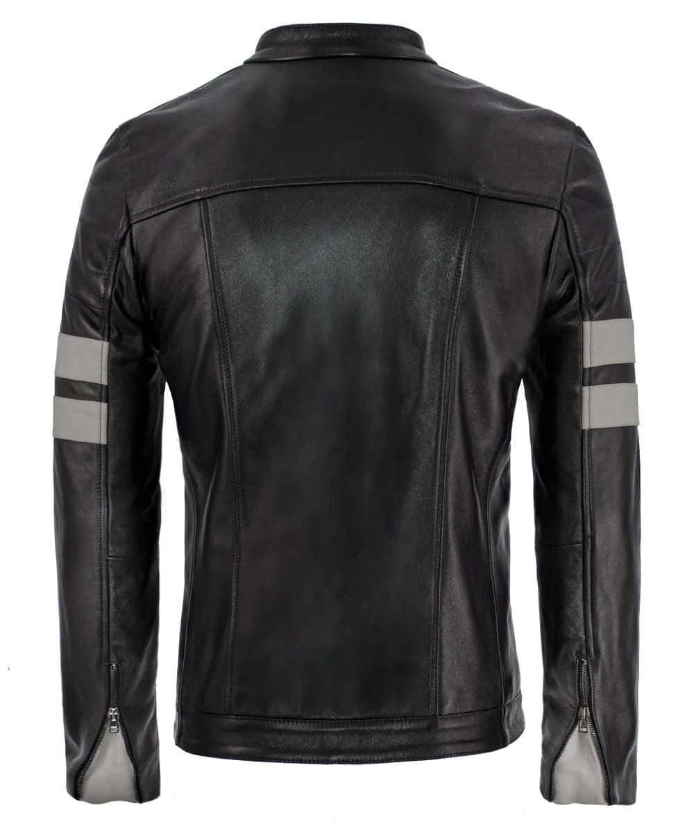 Rear view of the black leather slim fit biker jacket with silver sleeve stripes, zip cuffs, and clean cafe racer styling