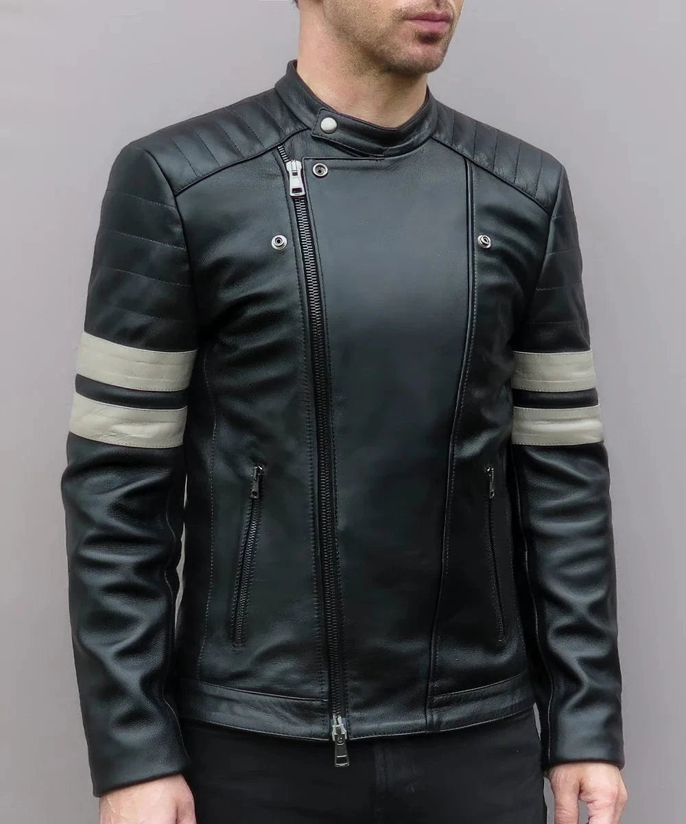 Male model wearing a black leather slim fit biker jacket with asymmetric zip front, quilted shoulders, and silver sleeve stripes