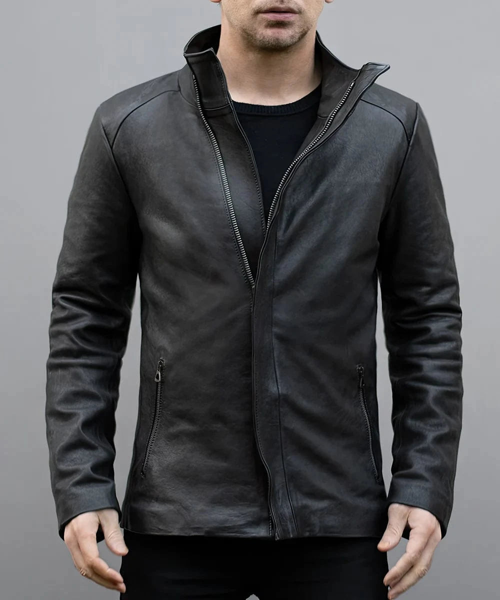 Male model wearing a grey leather slim fit jacket with high funnel collar, concealed zip front, and minimalist futuristic styling
