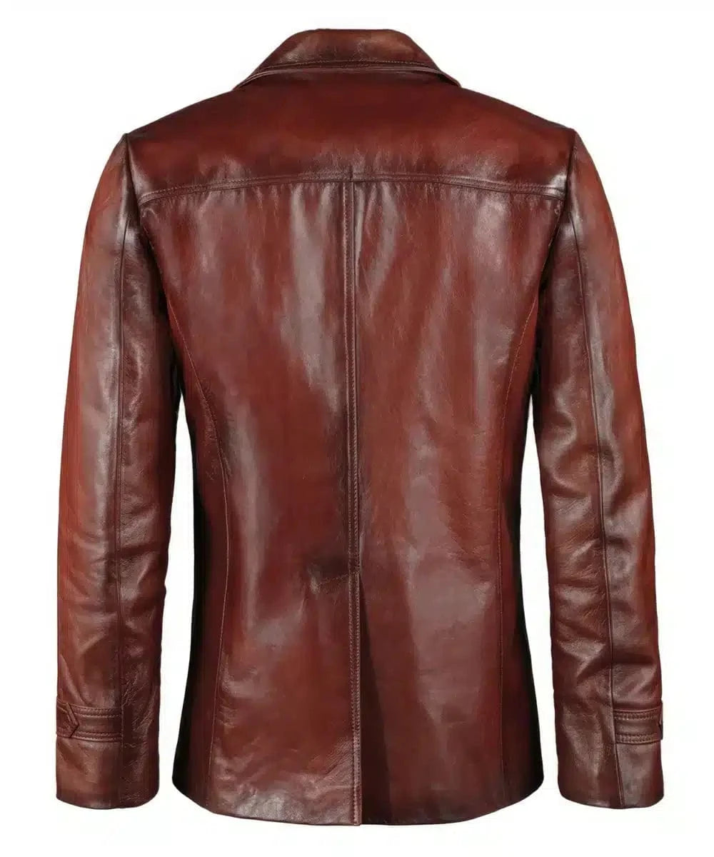 Rear view of the antique red leather Life on Mars TV replica jacket with slim fit tailoring, vintage styling, and clean retro panel detailing