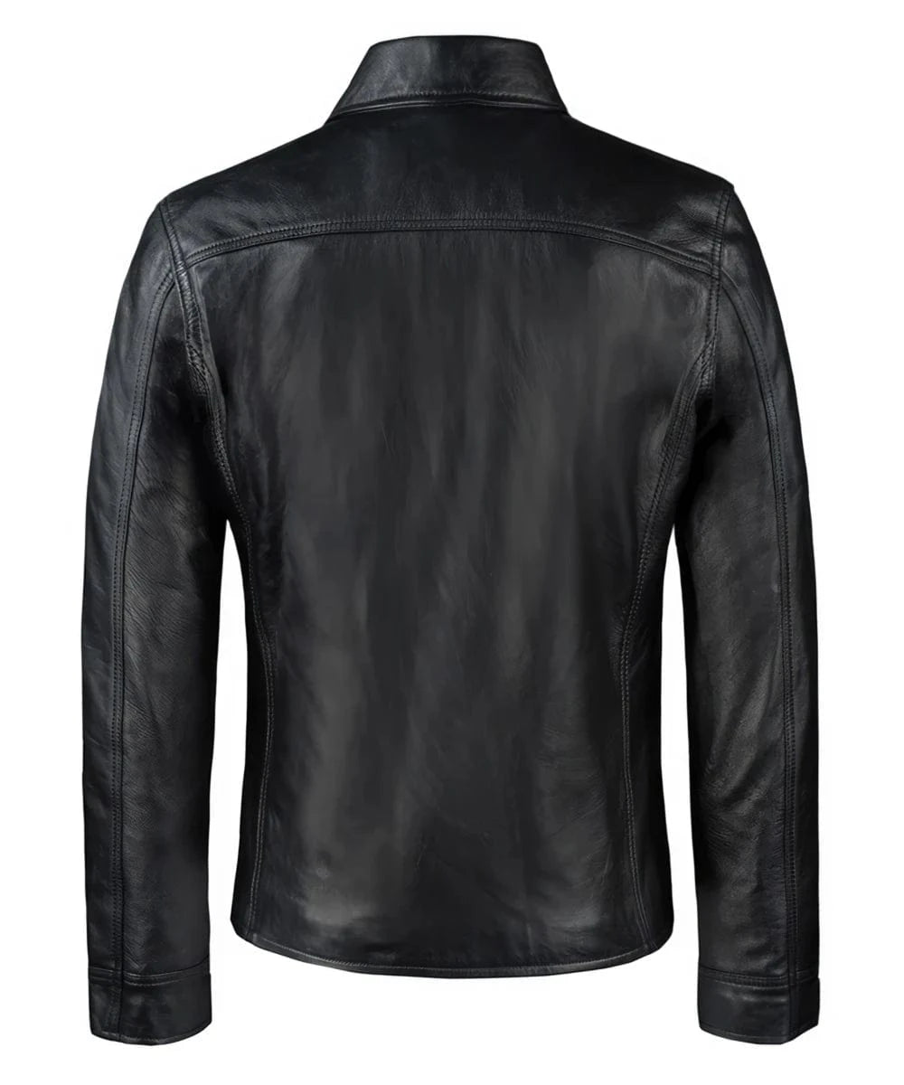 Back view of Looper movie replica black leather jacket with slim fit vintage styling and clean rear silhouette