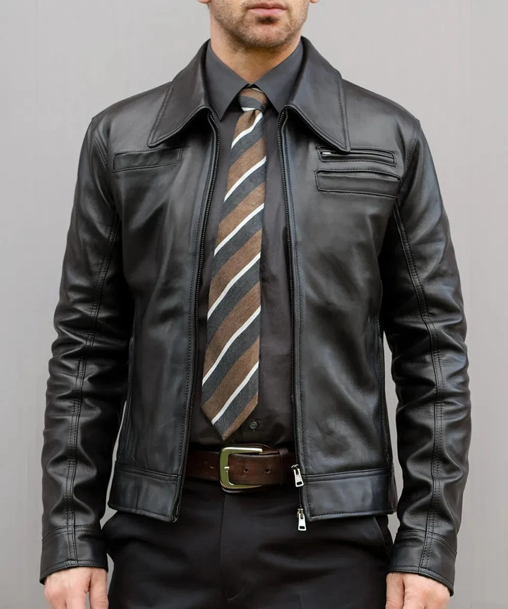 Model wearing Looper movie replica black leather jacket with slim fit vintage styling and retro pointed collar detail