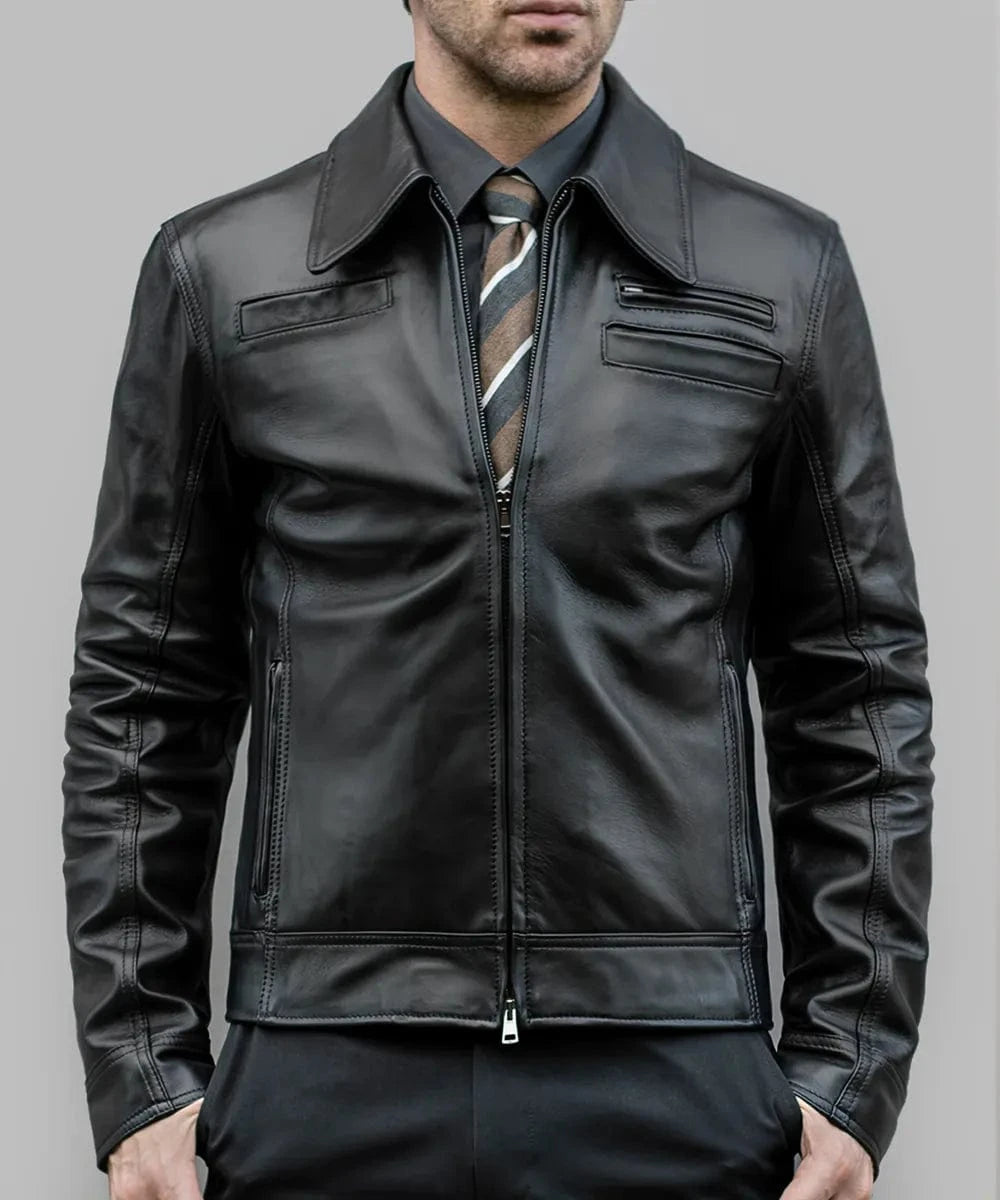 Model wearing Looper movie replica black leather jacket with slim fit vintage styling and retro pointed collar detail