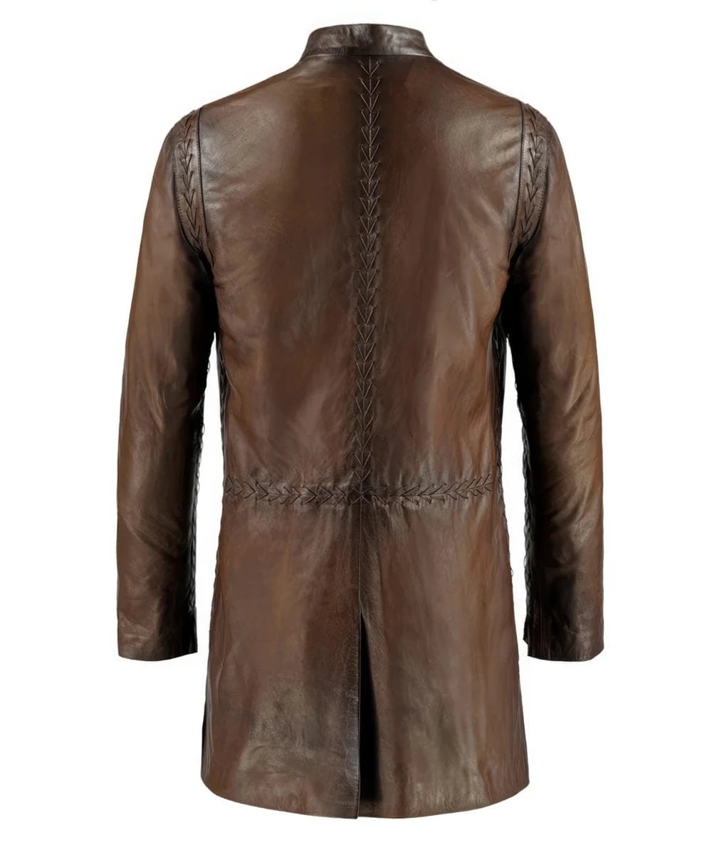 Back view of Ranger Aragorn Lord of the Rings replica brown leather coat with slim fit medieval styling and decorative stitched detailing
