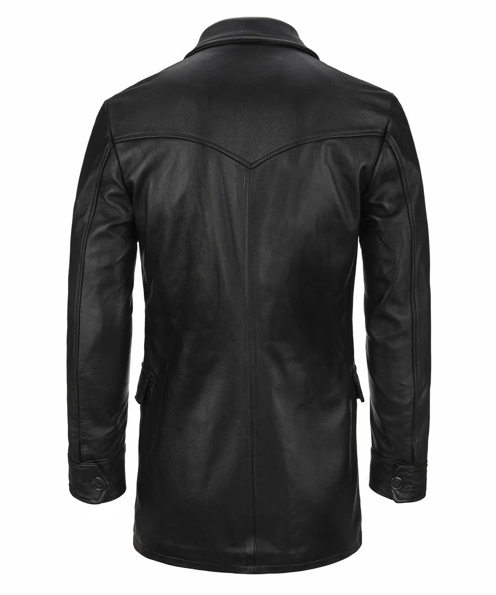 Back view of men's black leather pea coat with slim fit vintage styling and classic double breasted design