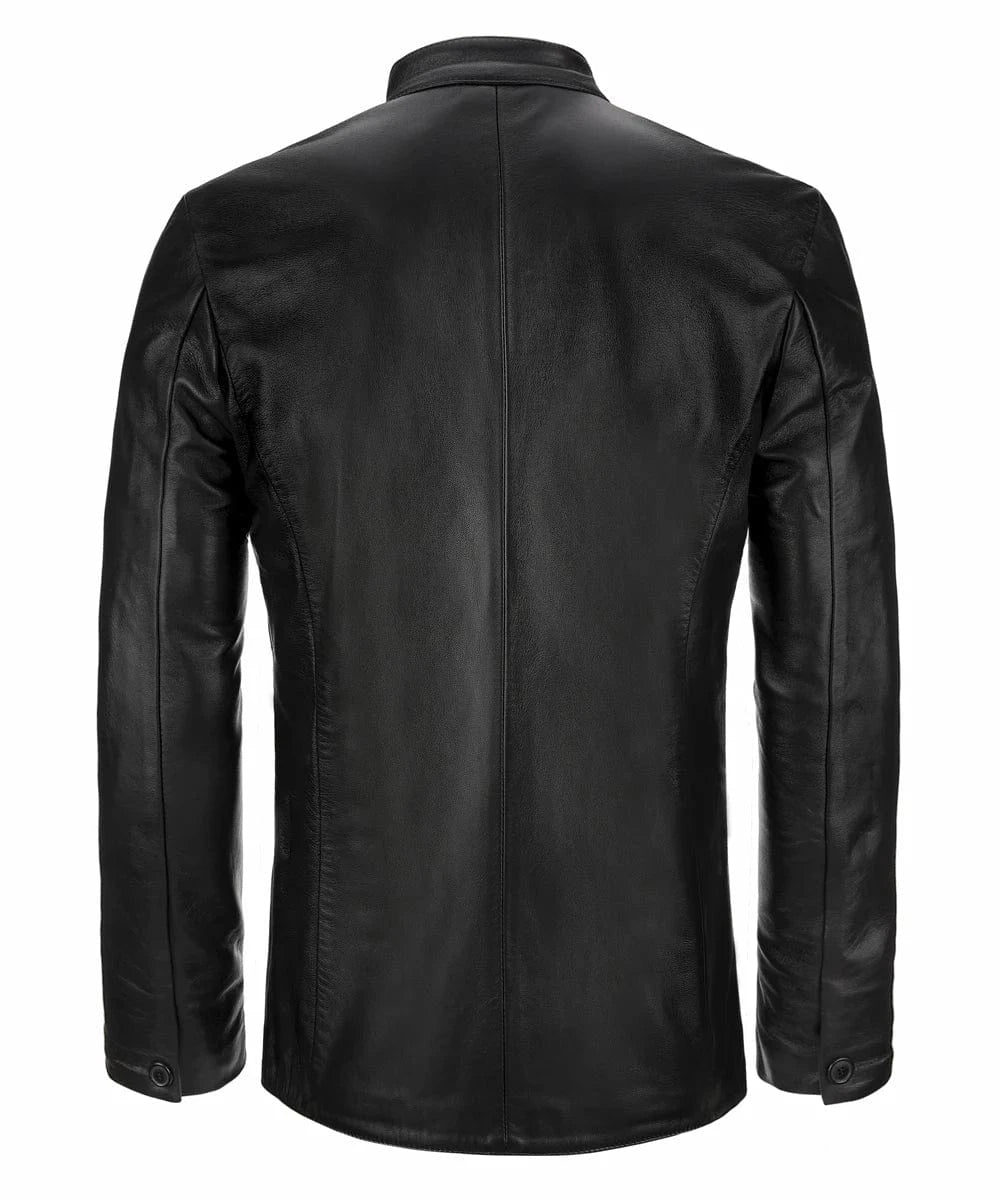 Back view of black leather jacket with slim fit modern military styling, stand collar, and minimalist design