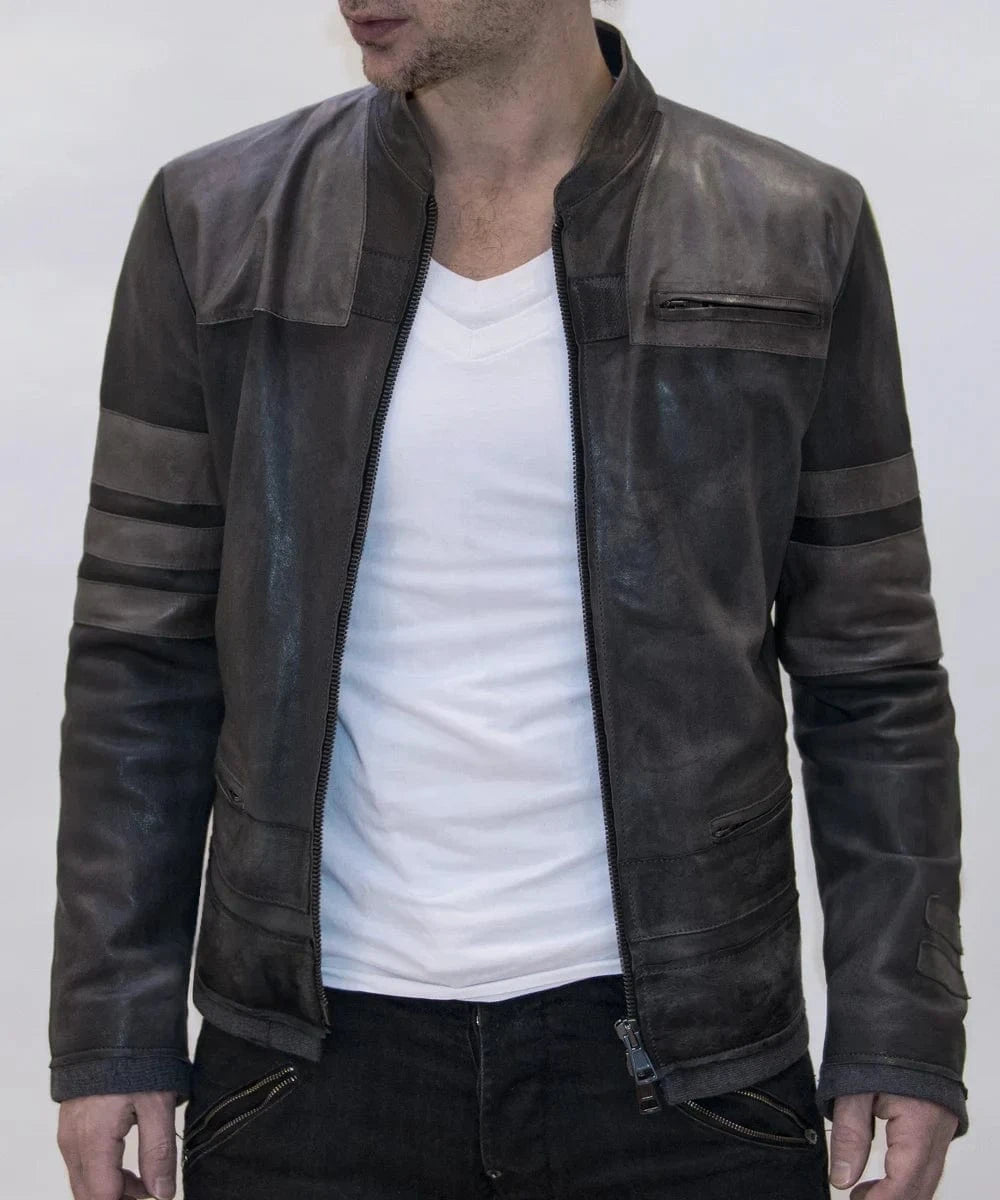 Model wearing Starkiller replica grey leather jacket with slim fit sci fi styling and contrast sleeve panel detailing