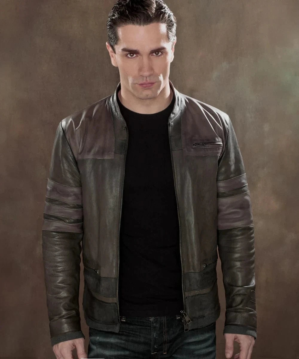 Sam Witwer as Starkiller wearing replica grey leather jacket with slim fit sci fi styling and contrast sleeve panel detailing