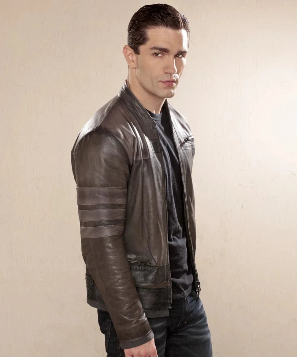 Sam Witwer as Starkiller wearing replica grey leather jacket with slim fit sci fi styling and contrast sleeve panel detailing