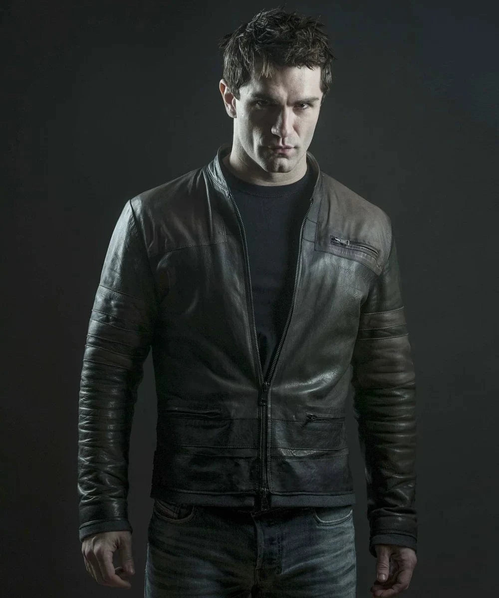 Sam Witwer as Starkiller wearing replica grey leather jacket with slim fit sci fi styling and contrast panel detailing