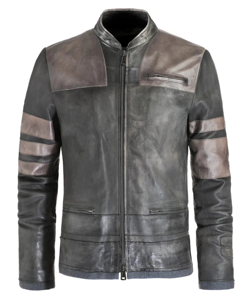 Starkiller replica grey leather jacket with slim fit sci fi styling and contrast panel detailing