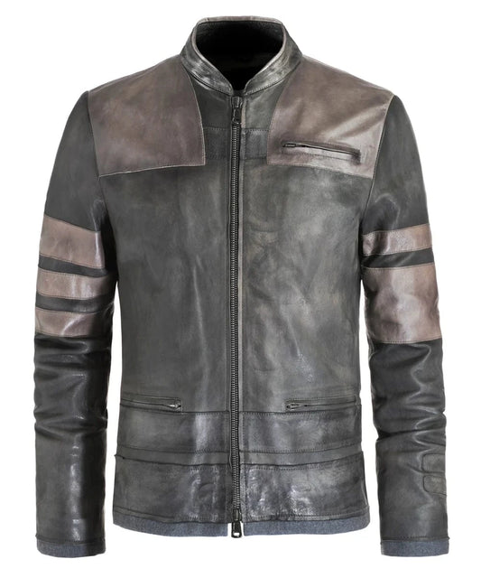 Starkiller replica grey leather jacket with slim fit sci fi styling and contrast panel detailing