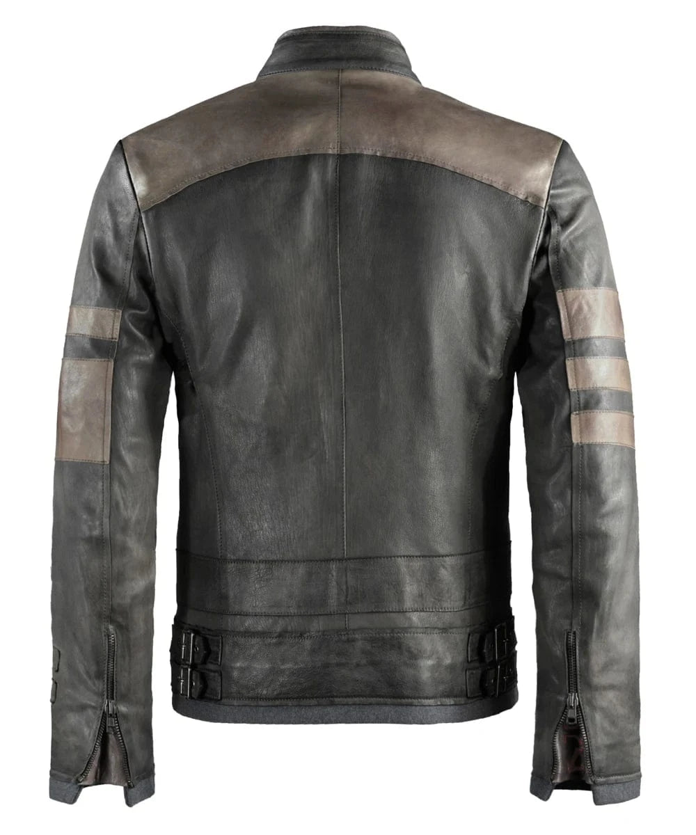 Back view of Starkiller grey leather jacket with slim fit sci fi styling and contrast panel detailing