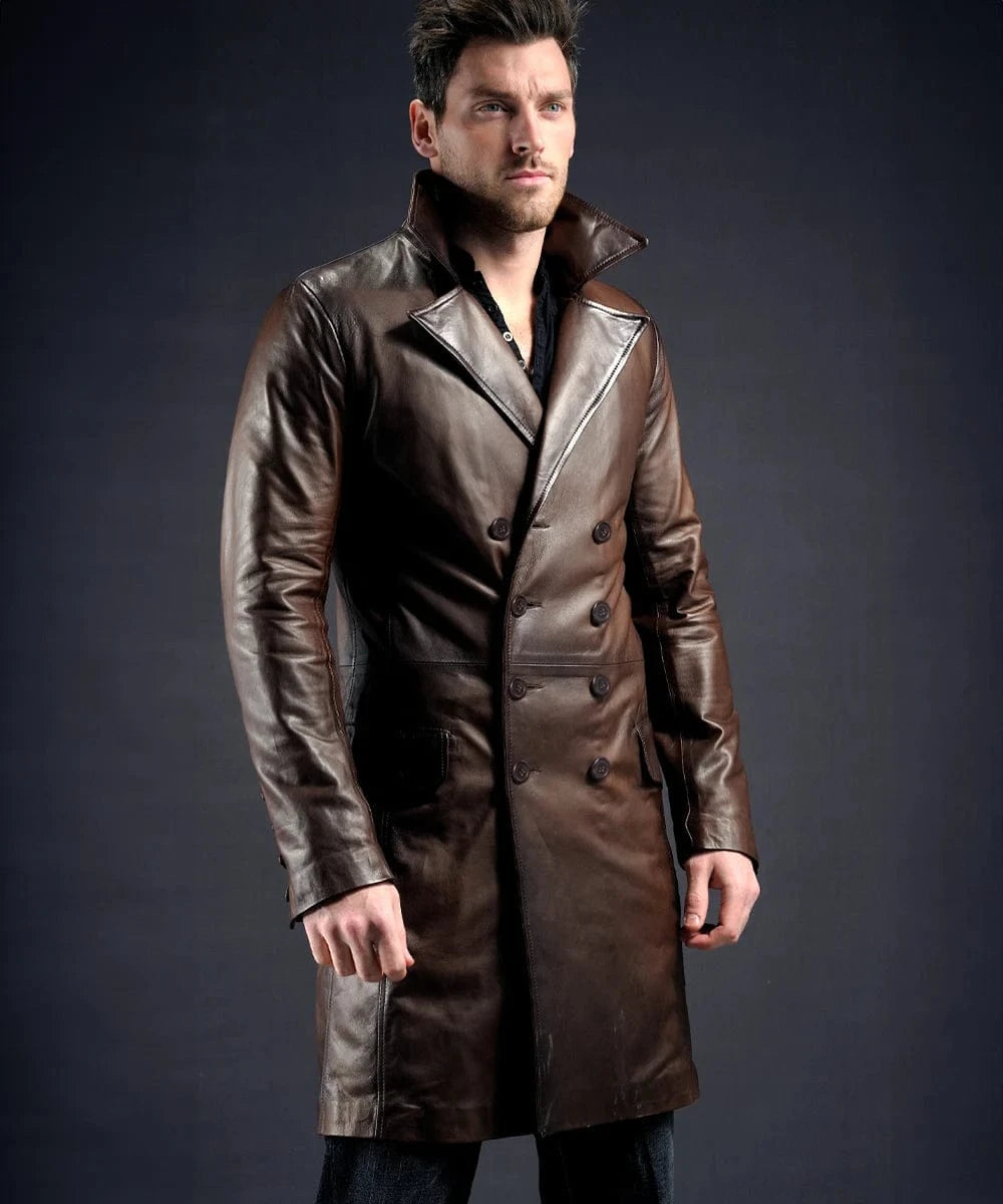 Model wearing vintage brown leather coat with slim fit styling and classic tailored design