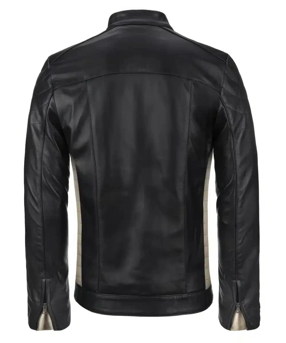 Back view of vintage black leather jacket with slim fit styling and contrast bone detailing