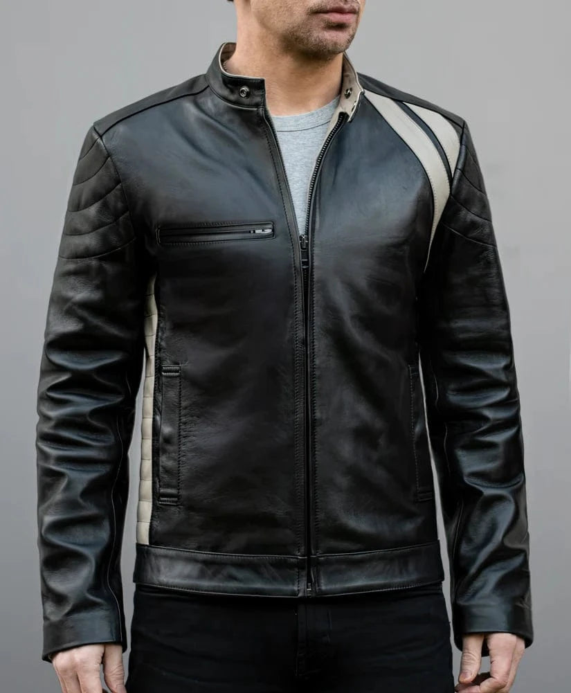 Model wearing vintage black leather jacket with slim fit styling and contrast bone shoulder detailing