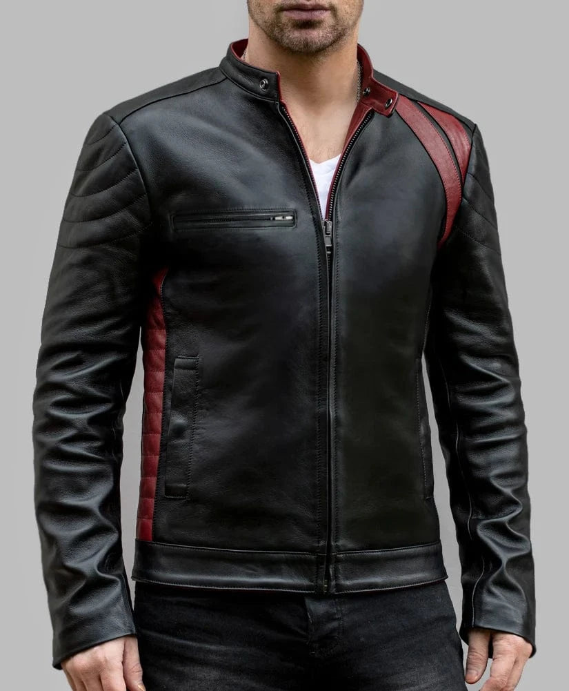 Model wearing vintage black leather jacket with slim fit styling and contrast red leather detailing