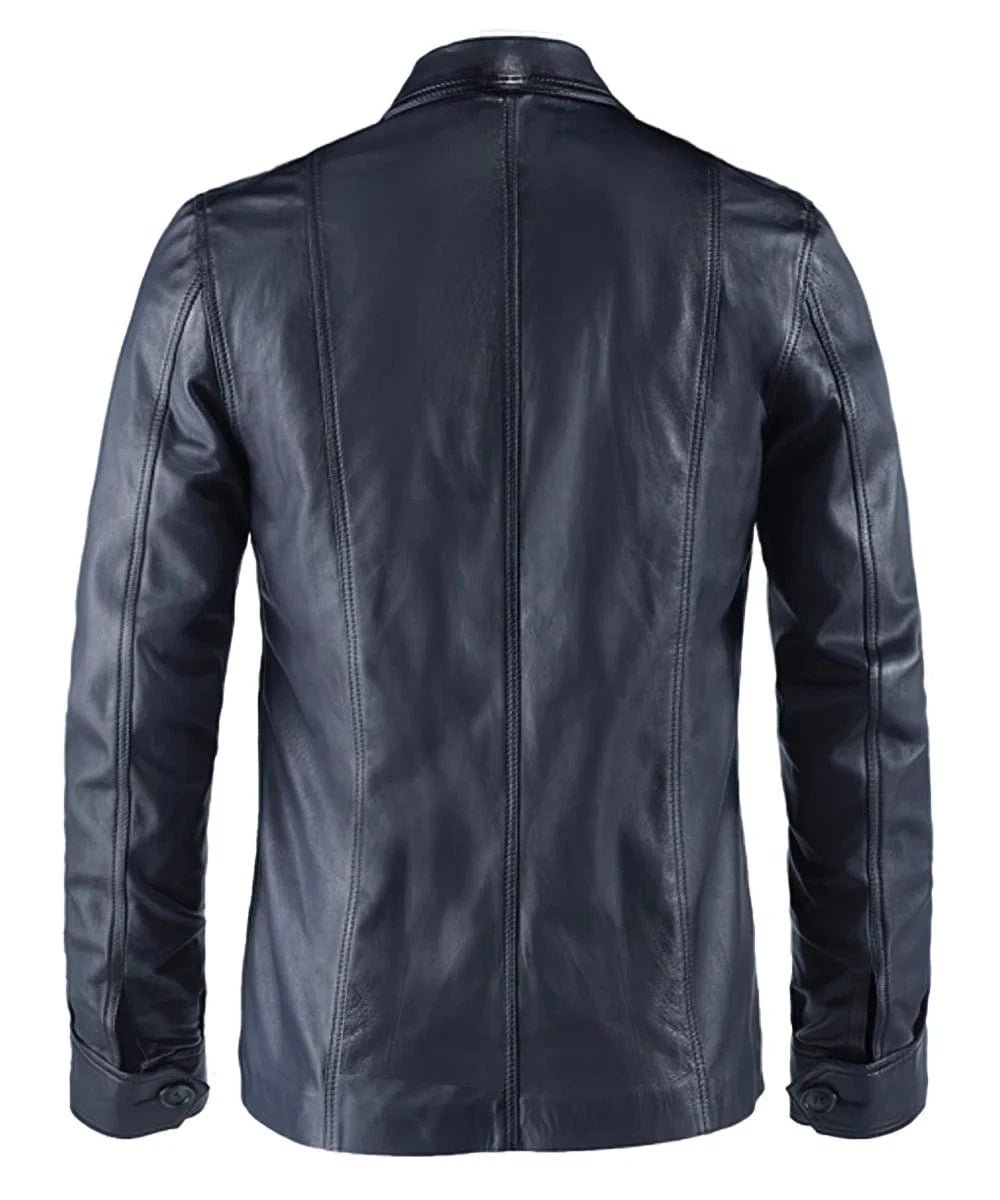 Back view of vintage blue leather shirt jacket with slim fit styling and classic button front design