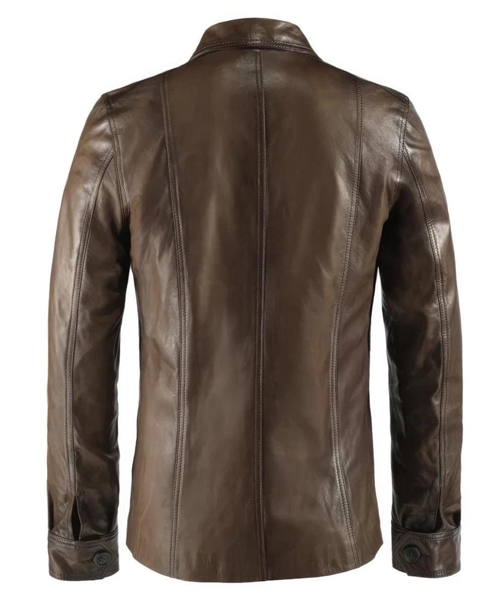Back view of vintage brown leather shirt jacket with slim fit styling 