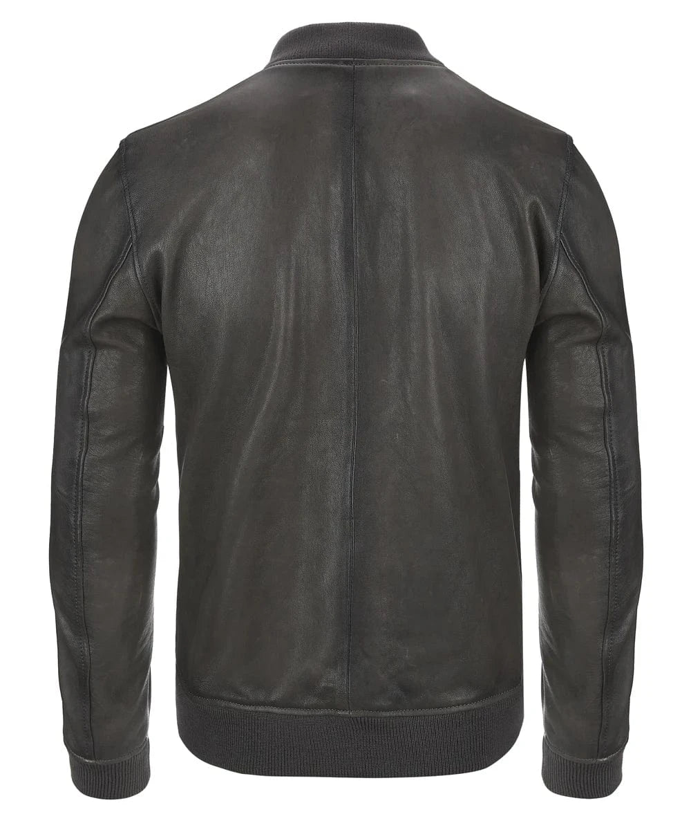 Back view of vintage grey leather bomber jacket with slim fit styling and ribbed knit trim