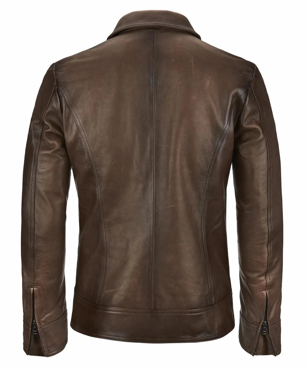 Back view of vintage brown leather jacket with slim fit styling