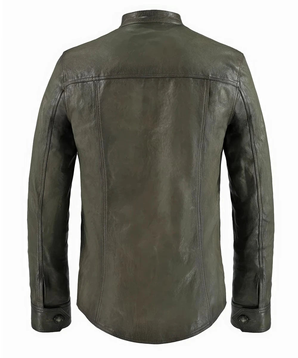 Back view of vintage black leather shirt jacket with slim fit styling