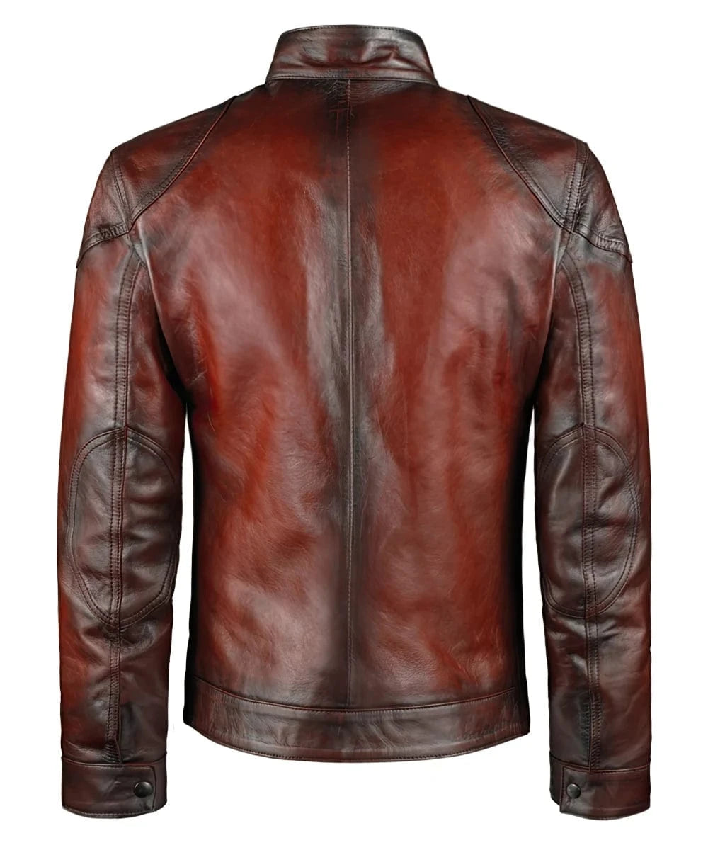 Back view of vintage red leather jacket with slim fit styling and distressed finish