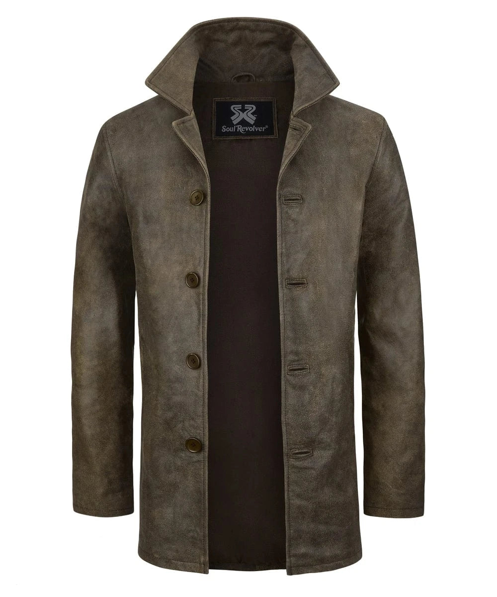 Front view of Dean Winchester Supernatural replica distressed brown cowhide leather jacket with vintage styling