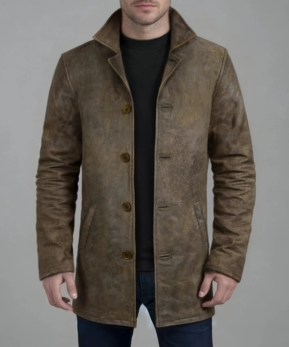 Model wearing Dean Winchester Supernatural replica distressed brown cowhide leather jacket with vintage styling